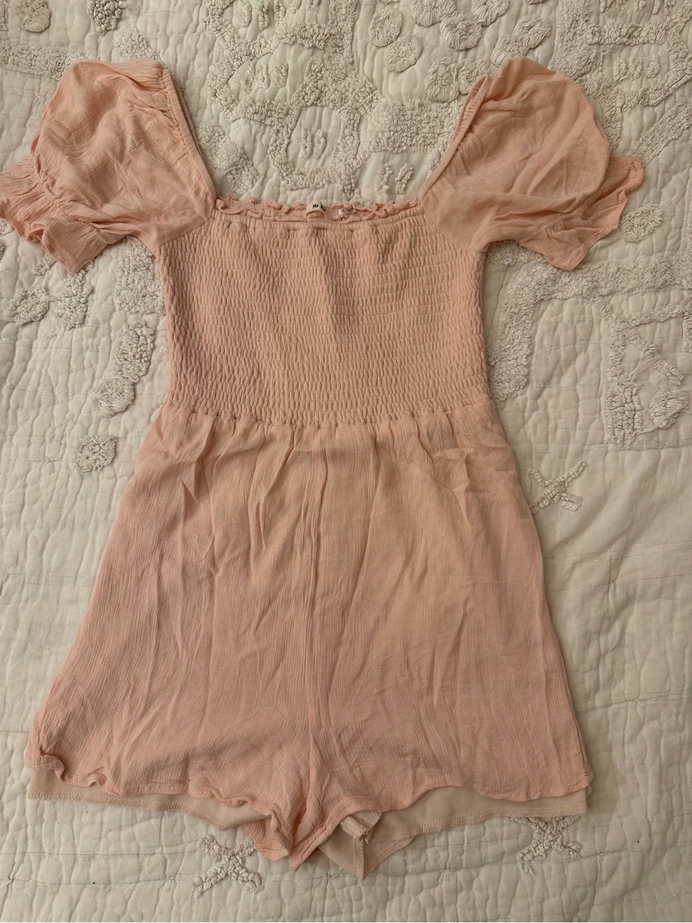 miami Peach-Pink Smocked Puff Sleeve Romper